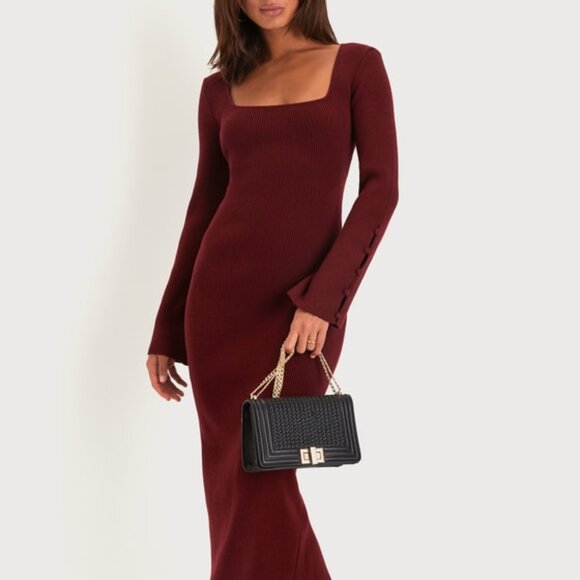 Lulus Classy Attitude Burgundy Ribbed Square Neck Midi Sweater Dress Red - Picture 1 of 1